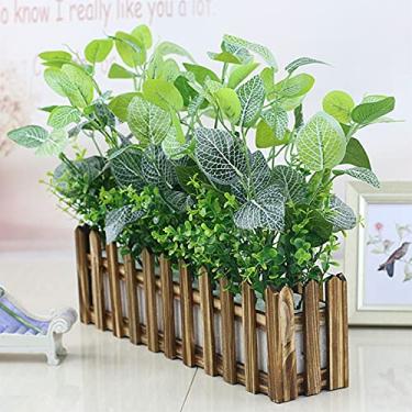 Imagem de SLGGPJBU Plantas artificiais em vasos de plantas artificiais em vaso de madeira arranjo de plantas verdes artificiais em caixa de plantador de madeira retangular plantas artificiais em vasos