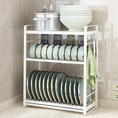 Imagem de Escorredor de louça, bancada de cozinha, prateleira multifuncional pode armazenar facas/pauzinhos/tábua de corte/pratos/copos, preto/branco (cor: prateleira branca tripla, tamanho: D) (prateleira