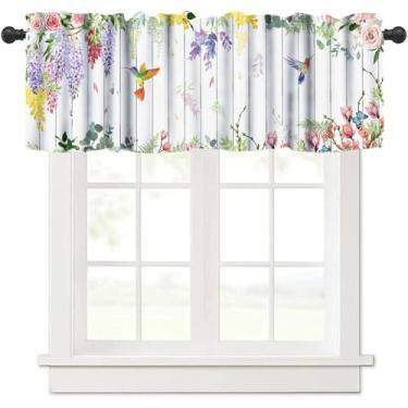 Imagem de moderw Cortinas de saia de janela de beija-flor vintage, boho aquarela primavera pássaro lavanda rosa floral planta cortina para casa de fazenda, quarto, sala de estar, cozinha, 137 x 45 cm