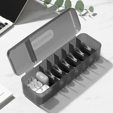 Imagem de 1 caixa de armazenamento de cabo de dados com vários compartimentos, carregador de telefone, estojo organizador translúcido, ferramentas organizadoras de mesa para escritório em casa, preto, 28,5 x