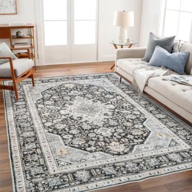 Imagem de HILORUUG Tapete de área boho lavável - 6x9 quartos sala de estar grandes tapetes internos macios orientais vintage tapetes antiderrapante resistente a manchas para cozinha de fazenda (6x9 azul/preto)