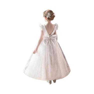 Imagem de Vestido Branco Floral Com Lantejoulas Para Meninas, Saia Com Pompons, 