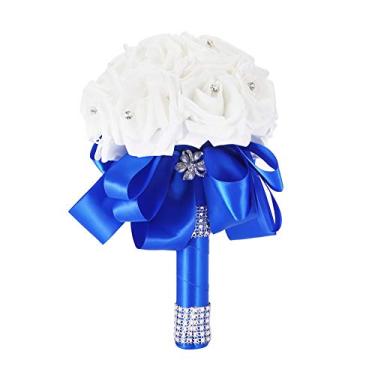 Imagem de Buquê de noiva artificial flores romântico fita de strass decorado buquê de casamento para noivas festa de casamento igreja decoração de casa rosa azul vermelho roxo branco leite (Azul)