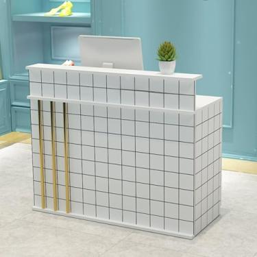 Imagem de Mesa de recepção rosa moderna com gaveta de bloqueio e bandeja de teclado, mesa de balcão frontal elegante para salão de beleza, loja de roupas, lobby - design de madeira de 60 cm