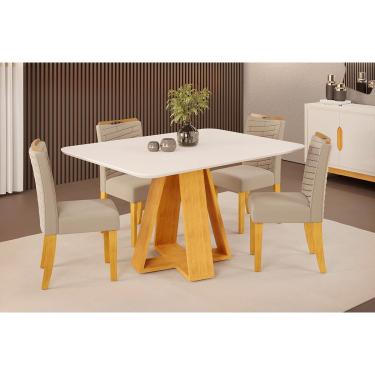 Imagem de Conjunto: Mesa Sala Jantar Celeste c/ Tampo Madeirado c/ Vidro Curvo 120x90cm e 4 Cadeiras Julia Cedro/Off White - Suede Kraft - DJ Móveis