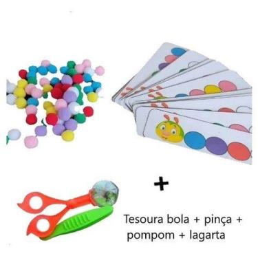 Imagem de recurso pedagógico montessori tesoura bola + pinça + pompom + pareamen