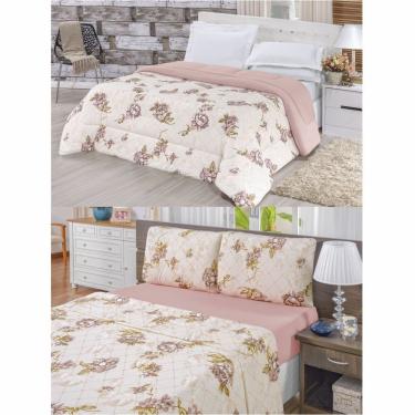 Imagem de Kit Edredom Malha 100% Algodão Queen Dupla Face 7 Peças + Lençol - Rosê - 100% Algodão