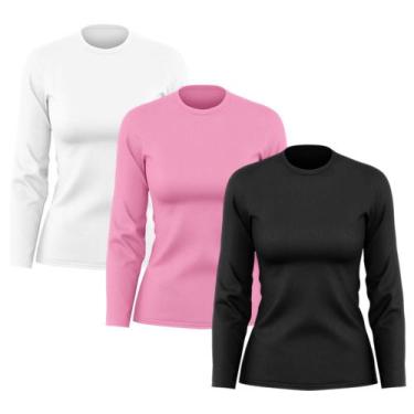 Imagem de Kit 3 Camisetas Feminina Manga Longa Dry Fit Básica Lisa Proteção Sola