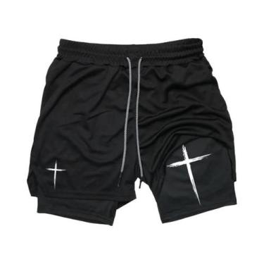 Imagem de Shorts De Corrida Masculinos 2 Em 1 Com Estampa Cruzada, Bolso Para Ce