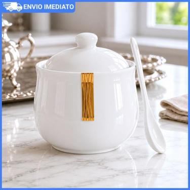 Imagem de Açucareiro De Porcelana 300mL Branco Com Colher Luxo Mesa Posta Café D