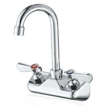 Imagem de Bathfinesse Torneira de pia de cozinha montagem na parede central DuraSteel Torneira de pia de cozinha comercial com bico de ganso de 8,9 cm duas alavancas de latão construído torneira misturadora cromada polida