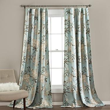 Imagem de Lush Decor Cortinas de jardim botânico estampa de pássaros floral quarto escurecimento conjunto de cortinas de painel de janela para estar, jantar, quarto (par), 84" x 52", azul