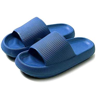 Imagem de Pantufas de travesseiro, chinelos de chuveiro de massagem, antiderrapante de secagem rápida, sandália de sola grossa supermacia, tecnologia de 2020 - Pantufas de casa super macias para mulheres e homens, plataforma de EVA, Azul marino, 5.5-6.5 Women/5-6 Men