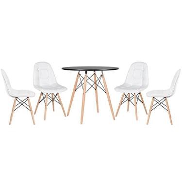 Imagem de Loft7, Kit Mesa Eames Eiffel 80 cm preto + 4 cadeiras estofadas Eames Botonê branco