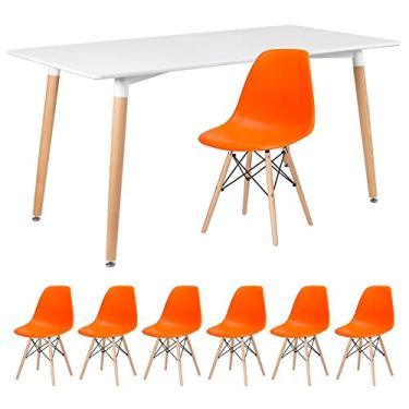 Imagem de Loft7, Kit - Mesa de jantar retangular Eames 80 x 160 cm branco + 6 cadeiras Eiffel Dsw Laranja