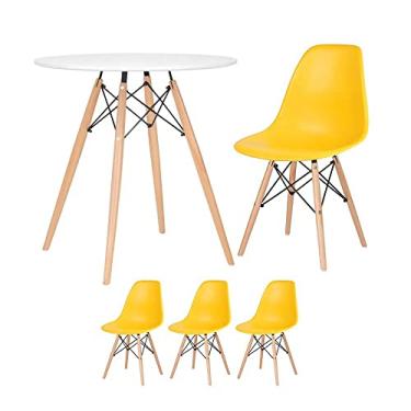 Imagem de Loft7, Kit - Mesa redonda Eames 70 cm branco + 3 cadeiras Eiffel Dsw Amarelo