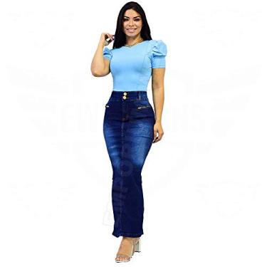 Imagem de Saia Longa Jeans com elastano e abertura lateral - EWF Jeans - Azul Escuro (36)