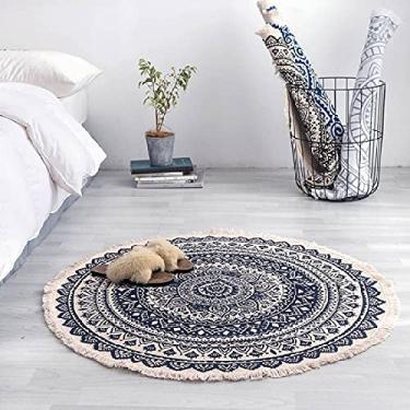 Imagem de Tapetes de banheiro estilo boêmio, tapete de cozinha pequeno de tecido moderno, tapete de borla marroquino para quarto da fazenda, lavável, varanda geométrica tribal (diâmetro circular 60 cm Bolívia azul)