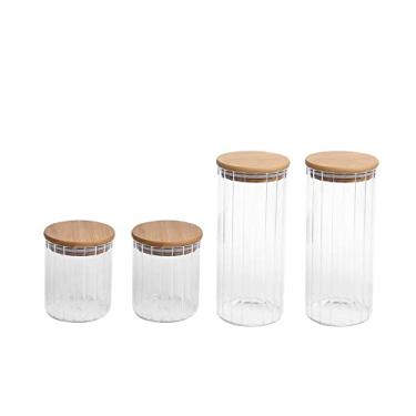 Imagem de Kit 4 potes vidro herméticos para mantimentos canelado com tampa de bambu - Oikos