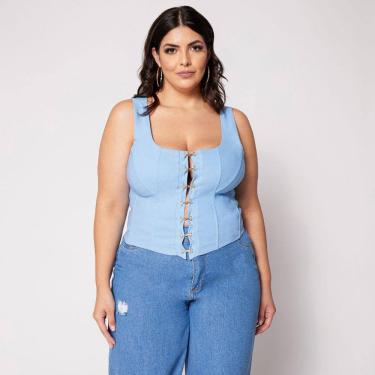 Imagem de Blusa Cropped Plus Corset com Colchetes e Bojo Azul Claro