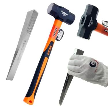 Imagem de WEDO Cunha de flange de 20 cm + conjunto de 2 peças de marreta de 1,3 kg, cunha dividida de aço inoxidável de 200 mm, martelo de rachadura de aço de alto carbono com cabo de fibra de vidro, forjado