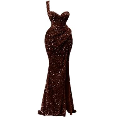 Imagem de Vestidos de formatura com lantejoulas de um ombro 2024 brilhante sereia fenda vestidos de festa para noite para mulheres formais, Marrom, Tamanho Único