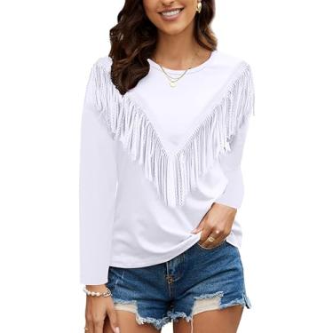 Imagem de PESION Camisetas femininas com acabamento em franjas, manga curta, acabamento de borla, G - Branco, 3G