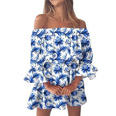Imagem de Vestidos de verão para mulheres, estampa vintage, sexy, estilo túnica com ombros de fora, vestido curto casual de manga comprida, Azul, P