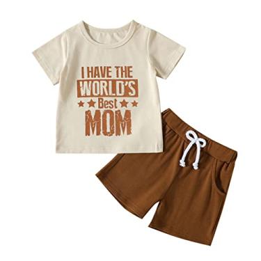 Imagem de Roupas para meninos tamanho 4t manga curta estampas letras tops shorts 2 peças roupas moda malha bebê menino, Marrom, 6-12 Months