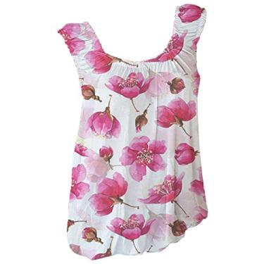 Imagem de Coletes florais femininos gola quadrada sem mangas plissadas camiseta regata outono verão 2024, K-13 Rosa choque, M