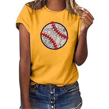 Imagem de Camiseta feminina de beisebol PKDong estampada, manga curta, gola redonda, blusa para sair para mulheres, beisebol, mamãe, Amarelo, P