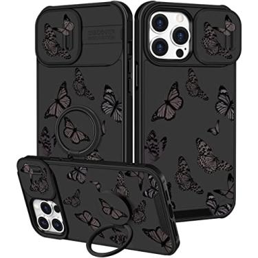 Imagem de Goocrux (Capa 2 em 1 para iPhone 13 Pro Max para mulheres borboleta meninas capa de telefone feminina lindas borboletas pretas com capa de câmera deslizante + suporte de anel capas modernas para Apple 13 Pro Max 6,7 polegadas