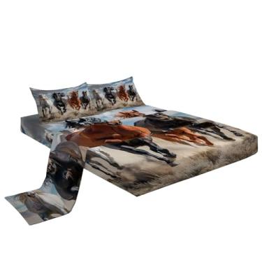 Imagem de Eojctoy Jogo de lençol ultramacio com tema de cavalo de corrida, 4 peças, fácil de cuidar com lençol casal de 40,6 cm, confortável e respirável para casa