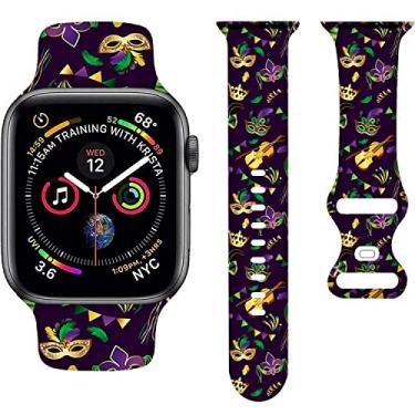 Imagem de Pulseiras de desenho animado Mardi Gras roxas compatíveis com Apple Watch 38 mm, 40 mm, 41 mm, pulseiras de silicone compatíveis com pulseiras iWatch Series SE 7 6 5 4 3 2 1 para crianças e adultos
