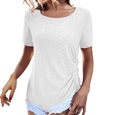 Imagem de Blusa feminina de verão 2024, elegante, casual, bordada, gola redonda, túnica de manga curta, franzido lateral, Branco, P