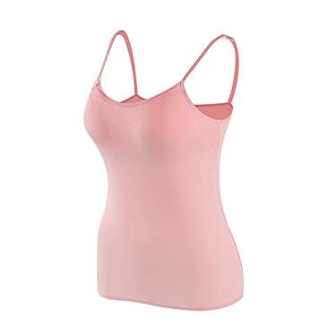Imagem de Camiseta feminina com sutiã embutido, casual, plissada, ajustável, alças finas, roupa íntima, rosa, M