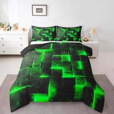Imagem de Jogo de cama queen verde preto brilhante 3D búfalo moderno, arte abstrata, geométrico, xadrez, gradiente, futurista, cubos, edredom (preto reversível)