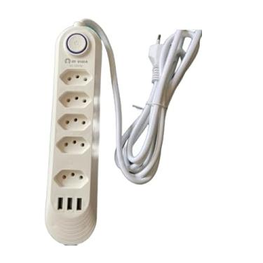 Imagem de Extensão Elétrica 5 Tomadas, com 3 Entradas USB, fio de 2 Metros, Branca
