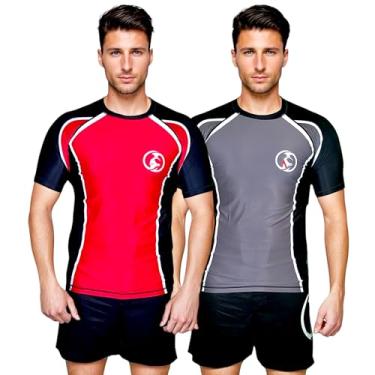 Imagem de KOMBAT USA Hot Rod & Hot Grey No-Gi Rash Guard | BJJ masculino - Jiu Jitsu - MMA - Cross Training - Rash Guard de compressão | Camisas de compressão para homens