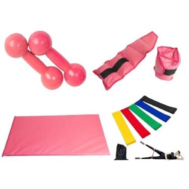 Imagem de Kit Fitness: Par Halter Peso 1 Kg Rosa, Par Caneleiras 2 Kg Rosa, Colchonete Rosa, 5 Elásticos Multifuncionais