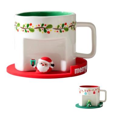 Imagem de Caneca de 400 ml, xícara de cerâmica de Papai Noel com porta-copos de silicone 3D, seguro para micro-ondas para bebidas quentes e frias, escolha perfeita de aniversário e Natal para crianças, amigos,