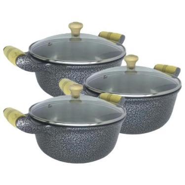 Imagem de Jogo 3 Panelas Caçarolas Aluminio Fundido Tampa de Vidro - OkayShop