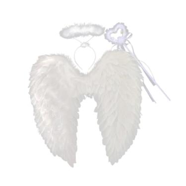 Imagem de oshhni Asas de anjo de penas e halo fantasia vestido adulto crianças adereços decoração asas de fada, Branco 45cmx45cm