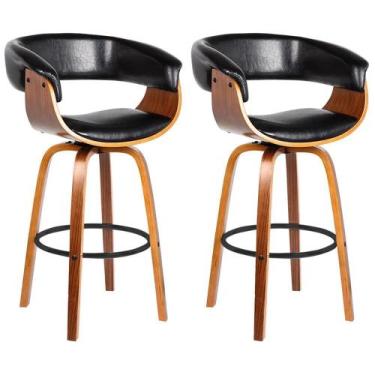 Imagem de Kit 2 Banquetas Giratória Alta com Encosto Base Madeira Ravi R02 PU Pr