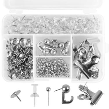 Imagem de Conjunto de alfinetes, 310 peças, pinos de mapa, tachas, 5 tipos de tachinhas para quadro de cortiça, quadros de avisos, acessórios de escritório (prata)