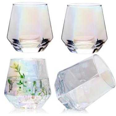 Imagem de Ufrount Conjunto de 4 taças de vinho, taças de vinho iridescentes sem haste para vinho tinto e branco, copos de vidro geométricos em forma de diamante de 293 ml para uísque, coquetel, bourbon, suco,