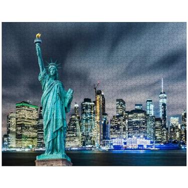 Imagem de Quebra-cabeça de madeira Liberty with Manhattan New York City EUA, 1000 peças, quebra-cabeça de foto personalizado para adultos, amigos, presentes para casamento, aniversário, dia dos namorados,
