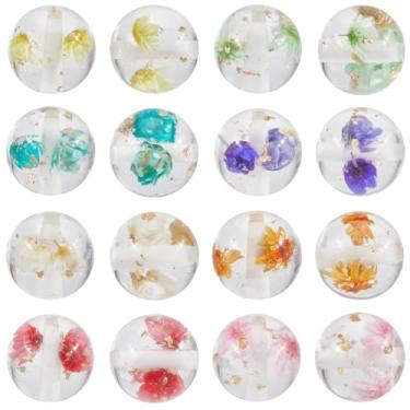 Imagem de SUNNYCLUE 1 caixa, 32 peças, 8 estilos, contas de flores redondas, contas de folha dourada, granel, resina colorida, areia dourada, transparente, flores secas internas, grandes contas espaçadoras