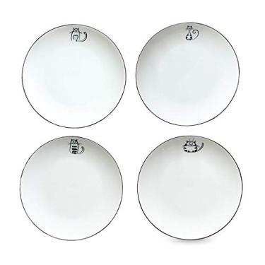 Imagem de Pratos de cerâmica para gatos, prato de tempero, prato de molho de soja de sushi, pratos de servir biscoitos, suporte de saquinho de chá pequeno de porcelana miau 15 cm conjunto de 4 (branco)