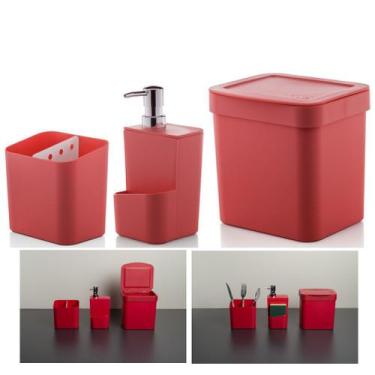 Imagem de Conjunto 3 Peças Cozinha Escorredor Talheres Dispenser Detergente Lixe